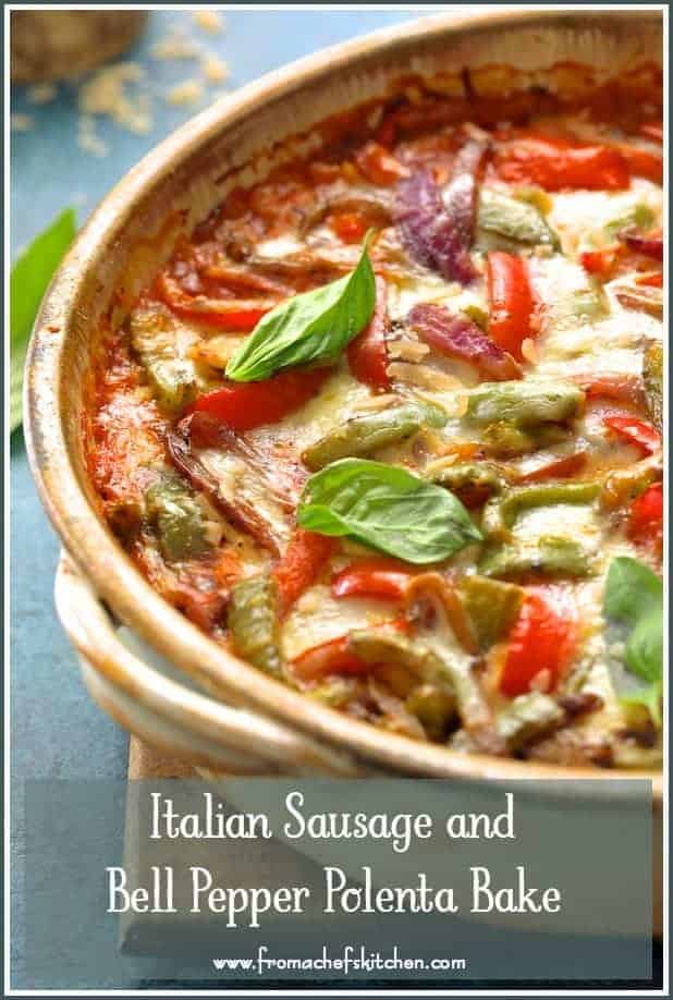 Pinterest graphic for Italian Sausage and Bell Pepper Polenta Bake showing it in a round earthenware baking dish.