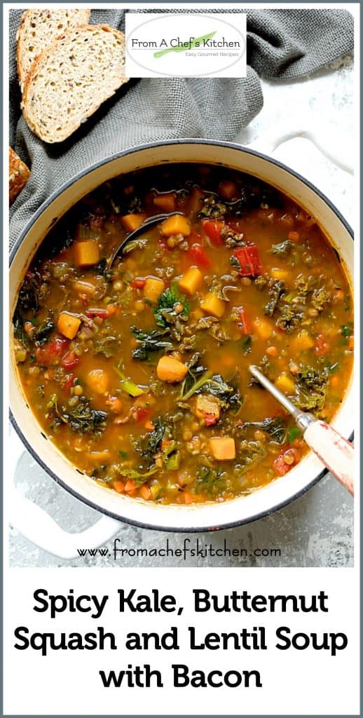Pinterest graphic for Spicy Kale, Butternut Squash and Lentil Soup with Bacon showing it in a white Dutch oven.