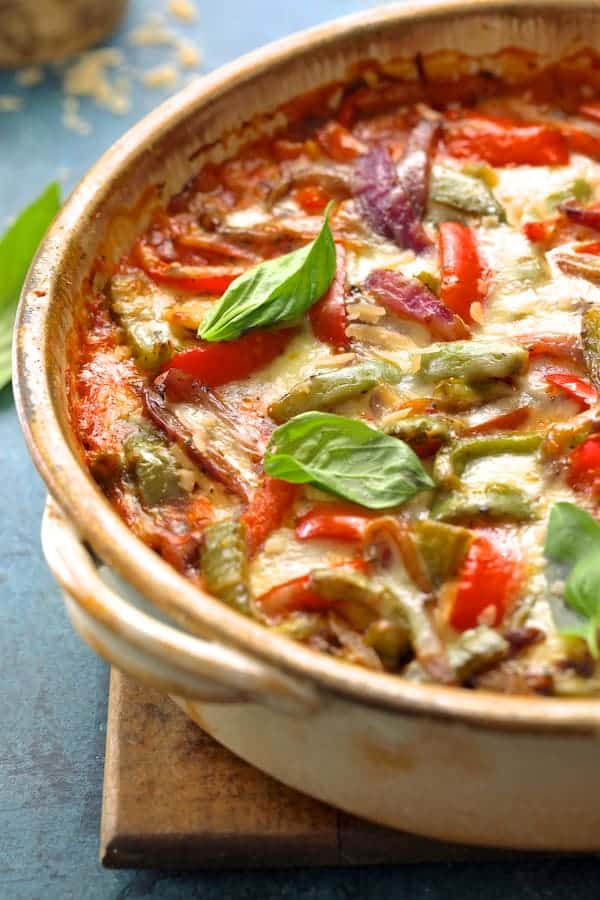 Close-up photo of Italian Sausage and Bell Pepper Polenta Bake after being baked.