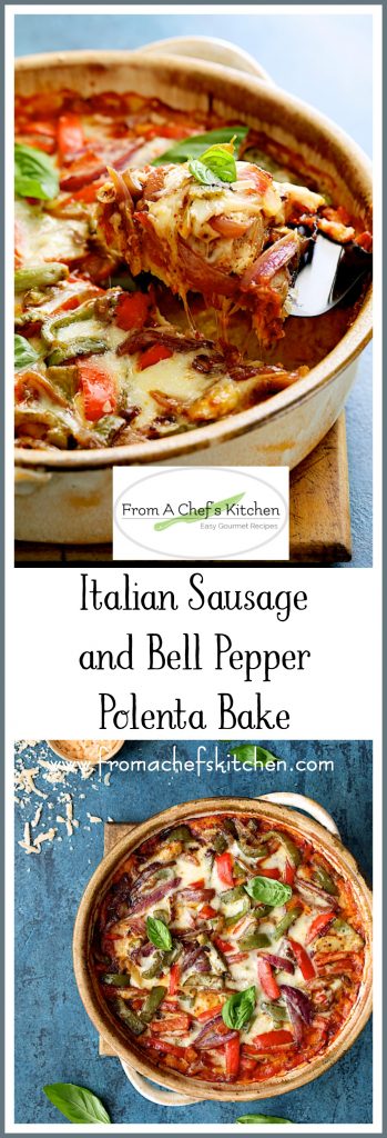 Pinterest graphic for Italian Sausage and Bell Pepper Polenta Bake showing it in an earthenware baking dish with a piece being lifted out and another showing it whole.