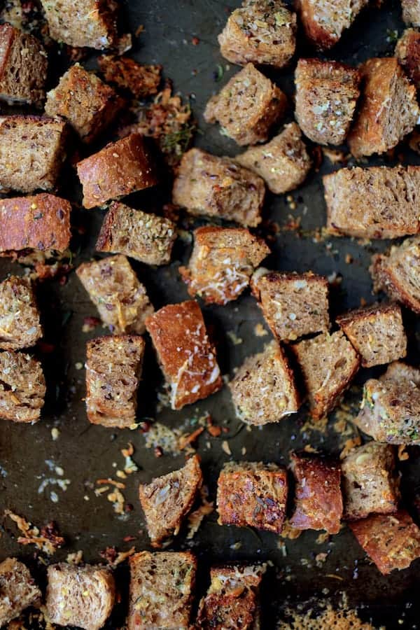 Close-up photo of Whole Grain Thyme Rosemary and Parmesan Croutons.