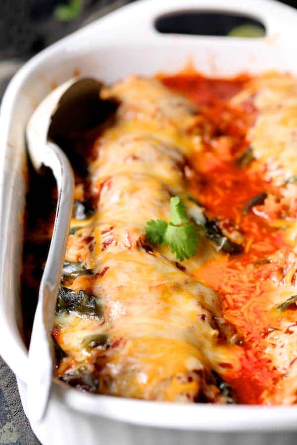 Photo of baked Chorizo and Brown Rice Stuffed Poblano Peppers fresh out of the oven.