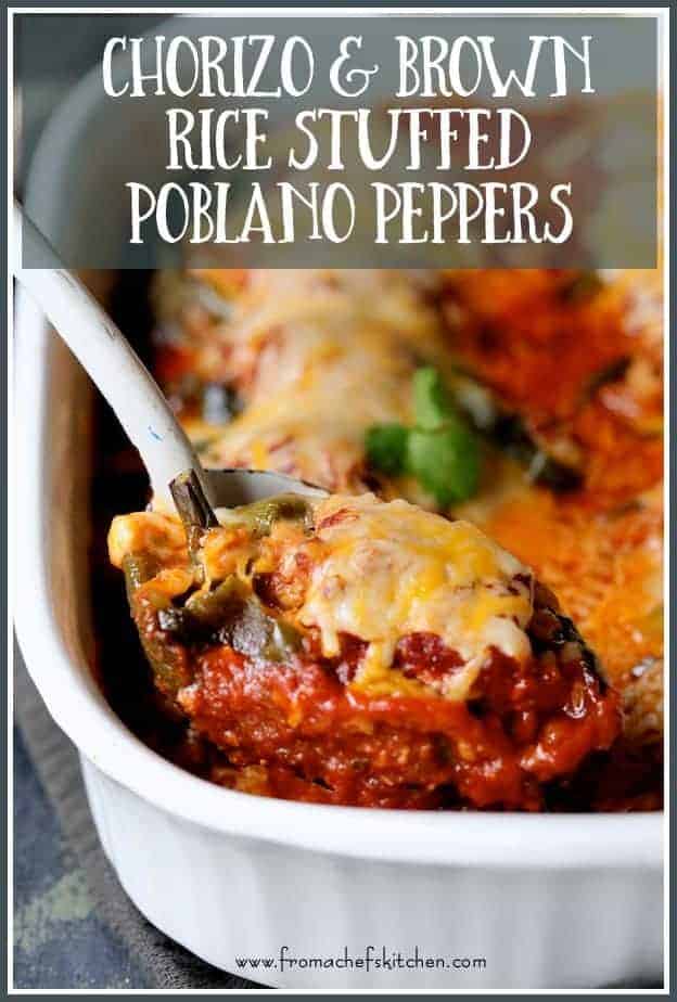 Pinterest graphic for Chorizo and Brown Rice Stuffed Poblano Peppers showing them in a white baking dish with white serving spoon scooping some up.