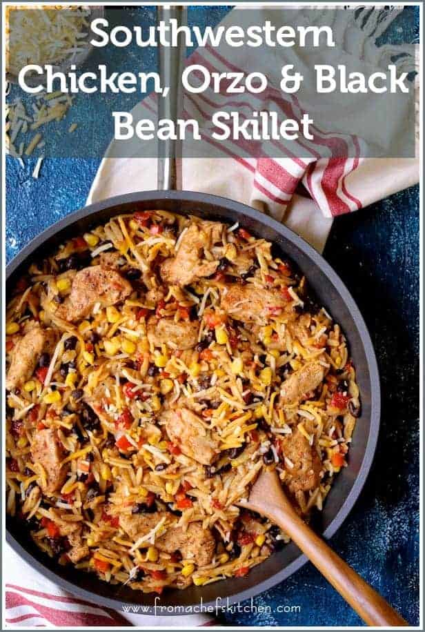 Pinterest graphic for Chicken, Orzo and Black Bean Skillet showing it in the skillet being stirred with wooden spoon.