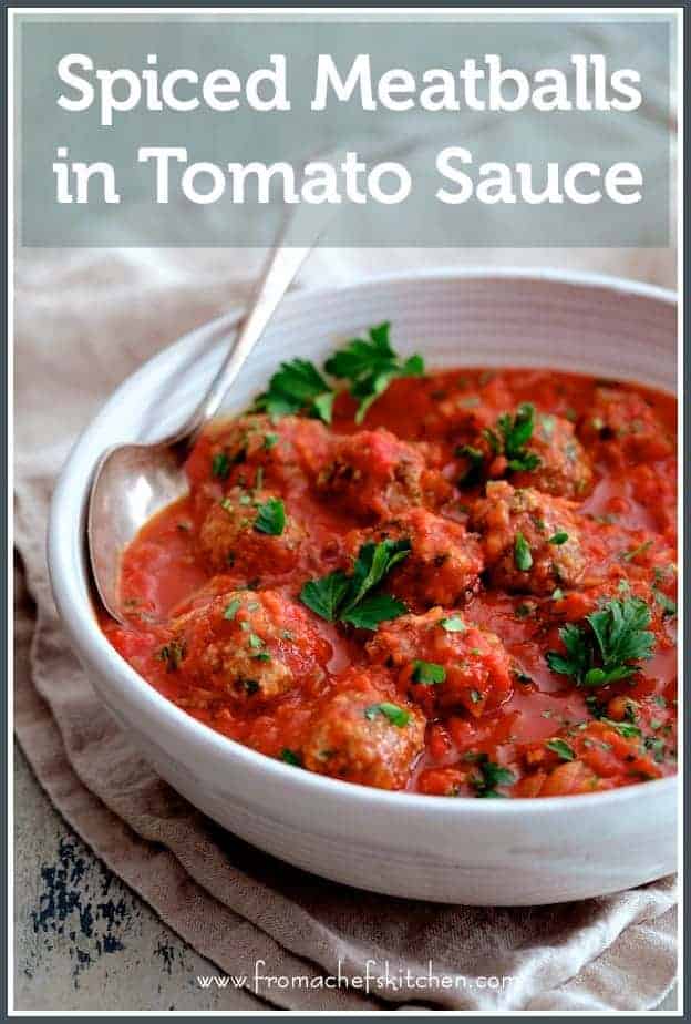 Pinterest graphic for Spiced Meatballs with Tomato Sauce showing them in a white serving bowl with serving spoon.