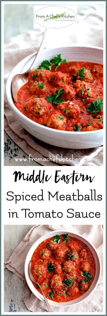 Pinterest graphic for Middle Eastern Spiced Meatballs in Tomato Sauce showing them in a white serving bowl.