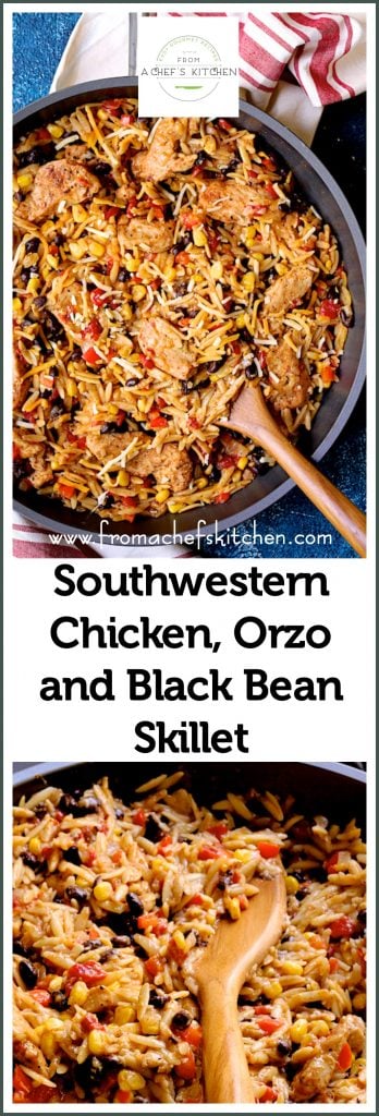 Pinterest graphic for Southwestern Chicken Orzo and Black Bean Skillet showing two images in the skillet with wooden stirring spoon.