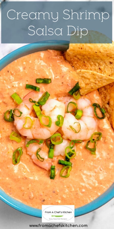 Pinterest graphic for Creamy Shrimp Salsa Dip showing it in a bright blue bowl.