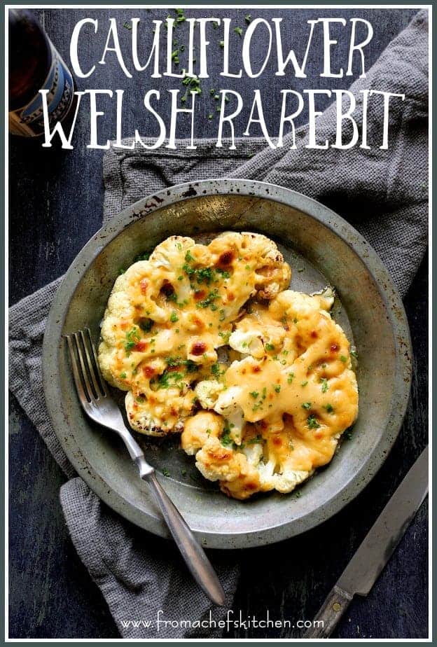 Pinterest graphic for Cauliflower Welsh Rarebit showing it in a metal pie tin with fork.