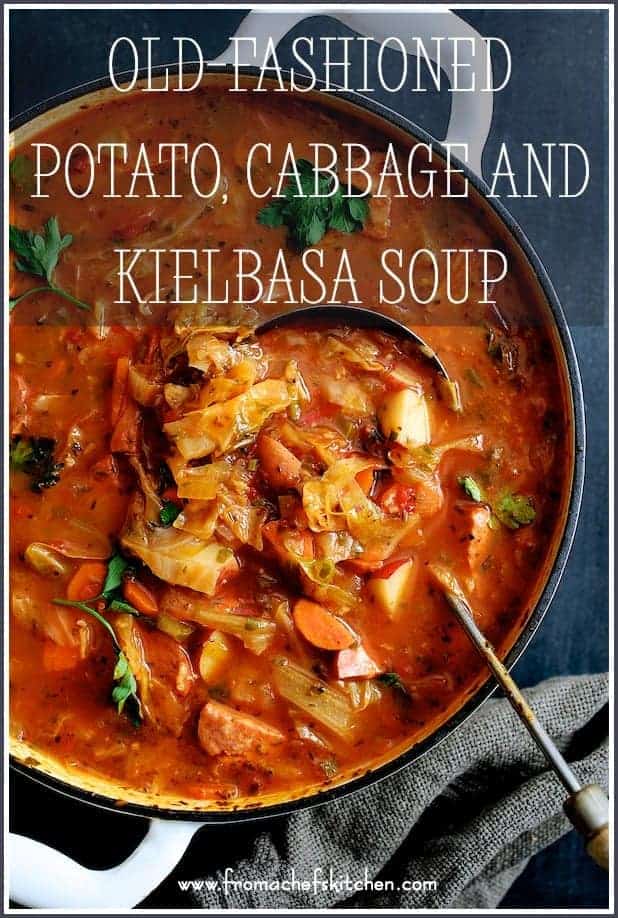 Pinterest graphic for Old-Fashioned Potato, Cabbage and Kielbasa Soup showing it in a white enamel Dutch oven with soup ladle.