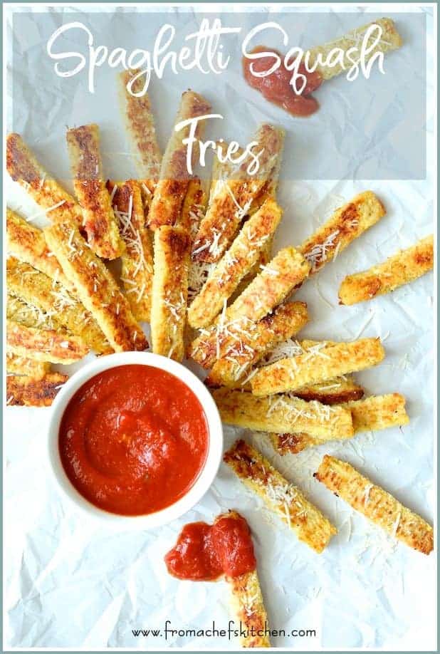 Pinterest graphic for Spaghetti Squash Fries showing them on white paper with marinara sauce.