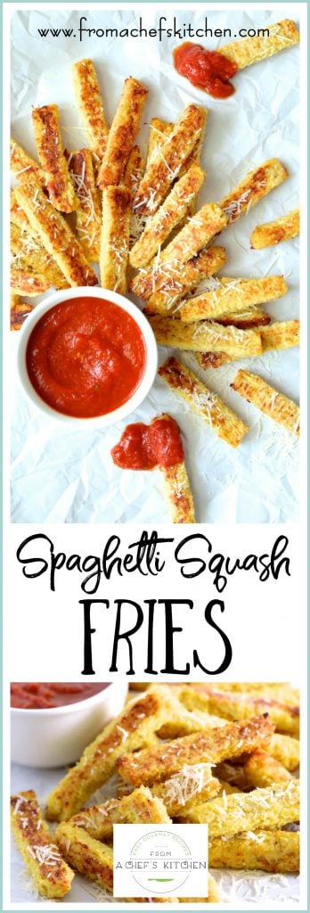 Pinterest graphic for Spaghetti Squash Fries showing them with a bowl of marinara sauce.