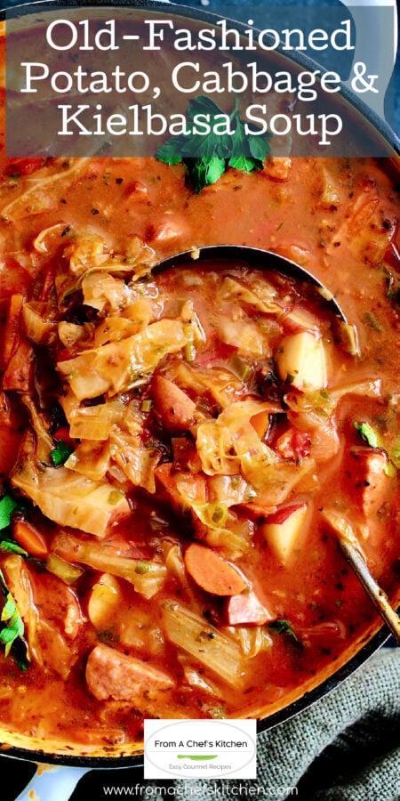 Pinterest graphic for Old-Fashioned Potato, Cabbage and Kielbasa Soup showing it in a white Dutch oven with soup ladle.