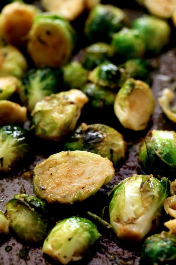 Close-up of roasted Brussels sprouts.
