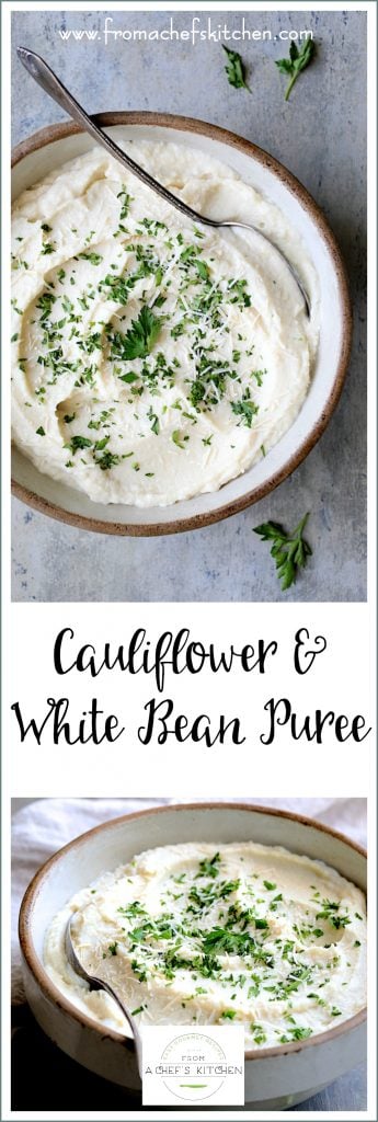 Pinterest graphic for Cauliflower White Bean Puree showing two images of it in an earthenware bowl.
