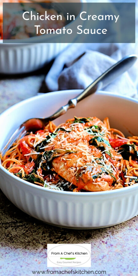 Pinterest graphic for Chicken in Creamy Tomato Sauce showing one serving in a white bowl.
