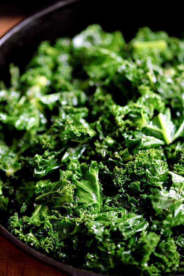 Close-up of kale in cast iron skillet