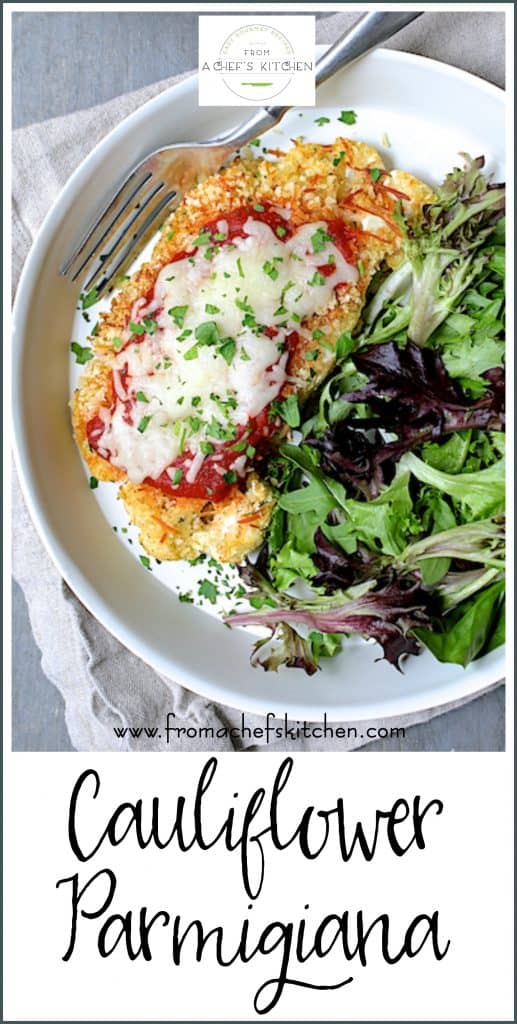 Pinterest graphic for Cauliflower Parmigiana showing one serving on a white plate with greens.