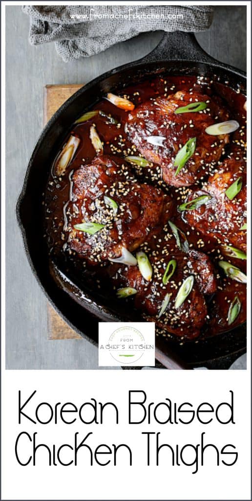 Pinterest graphic for Korean Braised Chicken Thighs showing them in a cast iron skillet.