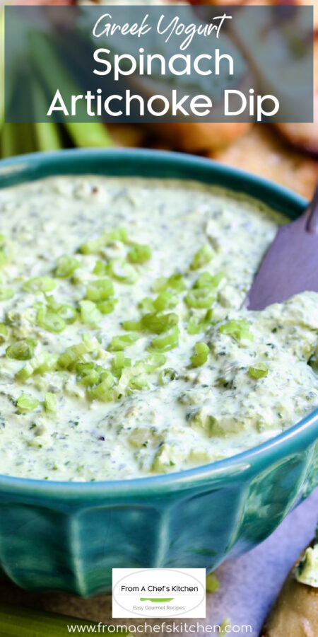Pinterest graphic for Spinach Artichoke Dip No Mayo showing it in a bright blue bowl.