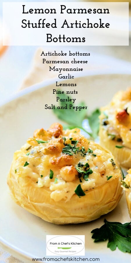 Pinterest graphic for Lemon Parmesan Stuffed Artichoke Bottoms showing them on a white appetizer plate.