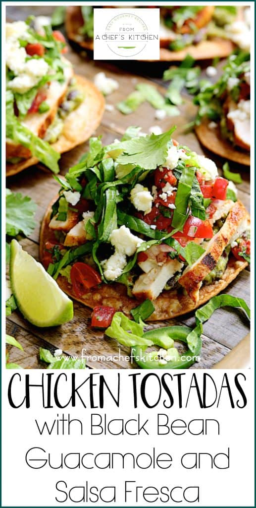 Pinterest graphic for Chicken Tostadas with Black Bean Guacamole and Salsa Fresca showing four on wood surface.