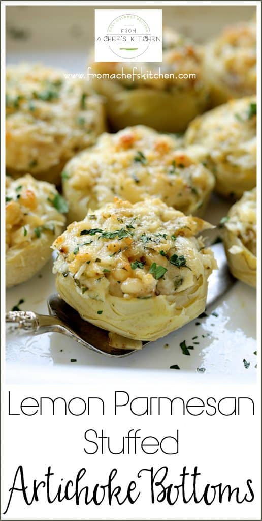 Pinterest graphic for Lemon Parmesan Stuffed Artichoke Bottoms showing a silver serving utensils picking one up.