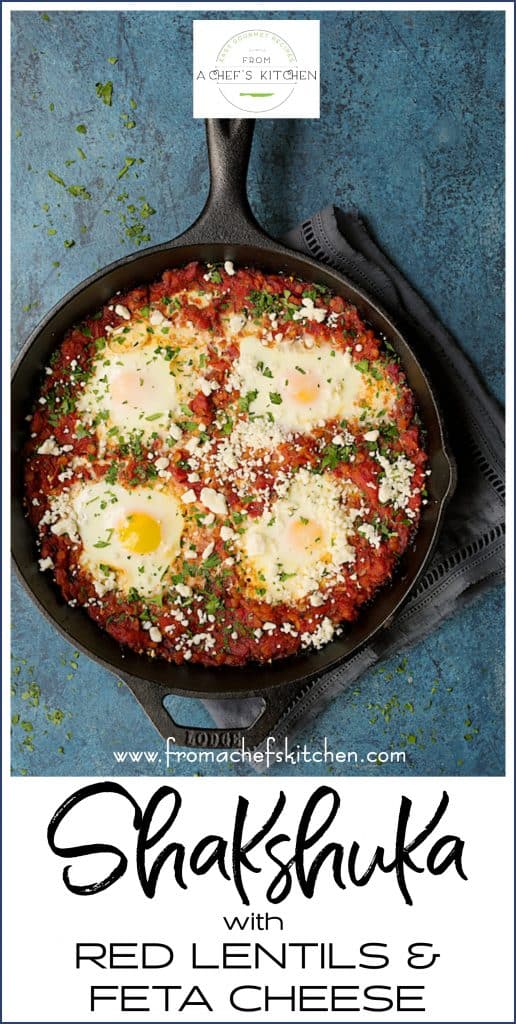 Pinterest graphic for Shakshuka with Red Lentils and Feta Cheese showing it in a cast iron skillet.