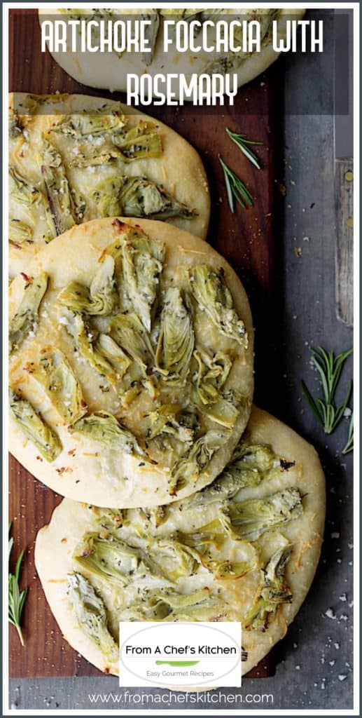 Pinterest graphic for Artichoke Foccacia with Rosemary showing three on a wood cutting board.