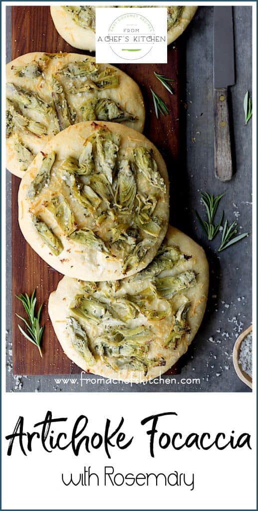 Pinterest graphic for Artichoke Focaccia with Rosemary showing four rounds on wooden cutting board.