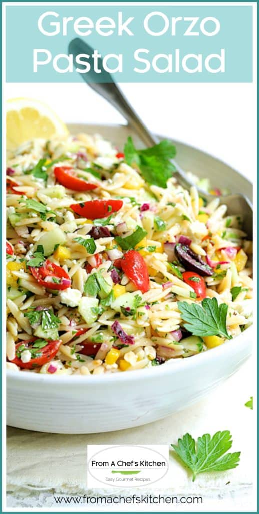 Pinterest graphic for Greek Orzo Pasta Salad showing it in a white bowl with serving spoon.