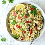 Greek Orzo Pasta Salad in white serving bowl.