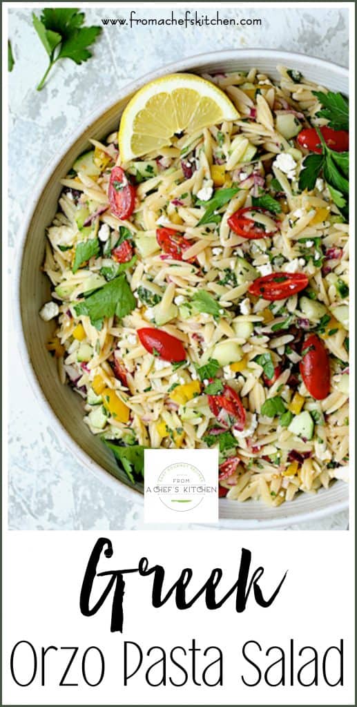 Pinterest graphic for Greek Orzo Pasta Salad showing it in a white bowl.