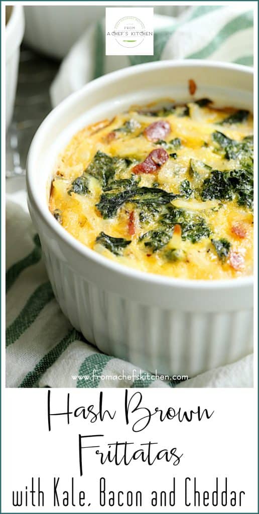Pinterest graphic for Hash Brown Frittatas with Kale, Bacon and Cheddar showing one in a white ramekin.