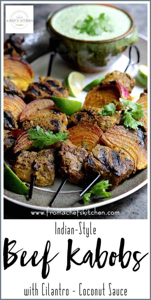Pinterest graphic for Indian-Style Beef Kabobs with Cilantro - Coconut Sauce showing them on a gray-rimmed platter.