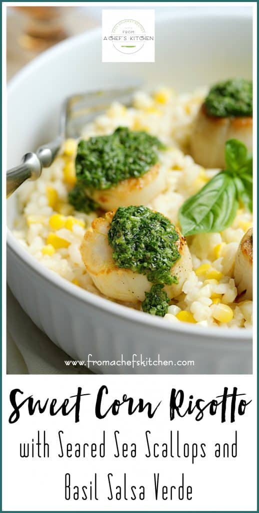 Pinterest graphic for Sweet Corn Risotto with Seared Sea Scallops and Basil Salsa Verde showing it in a white bowl.