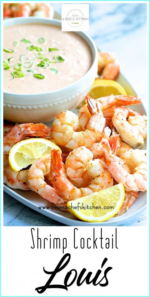 Pinterest graphic for Shrimp Cocktail Louis showing shrimp and dip on oval white platter.