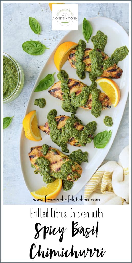 Pinterest graphic for Grilled Citrus Chicken with Spicy Basil Chimichurri showing four servings on an oval white platter.