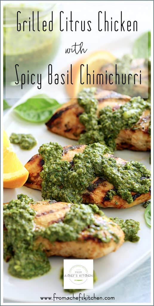 Pinterest graphic for Grilled Citrus Chicken with Spicy Basil Chimichurri showing four servings on an oval white platter.