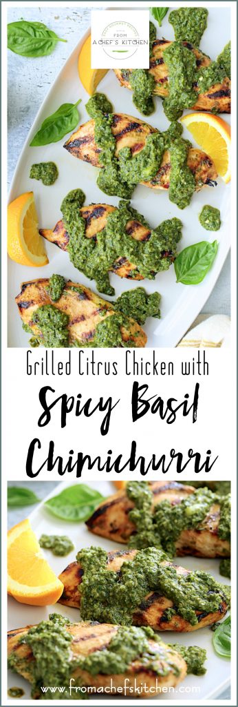 Pinterest graphic for Grilled Citrus Chicken with Spicy Basil Chimichurri showing four servings on an oval white platter.