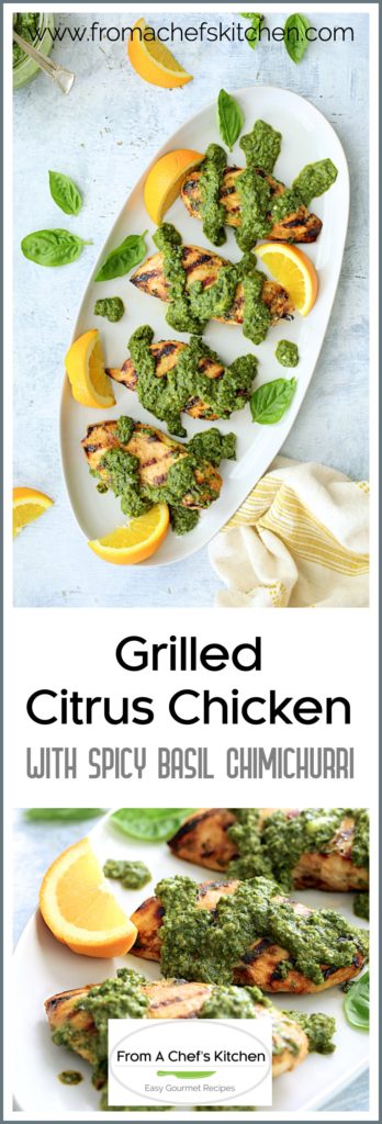 Pinterest graphic for Grilled Citrus Chicken with Spicy Basil Chimichurri showing it on an oval white platter garnished with orange wedges.