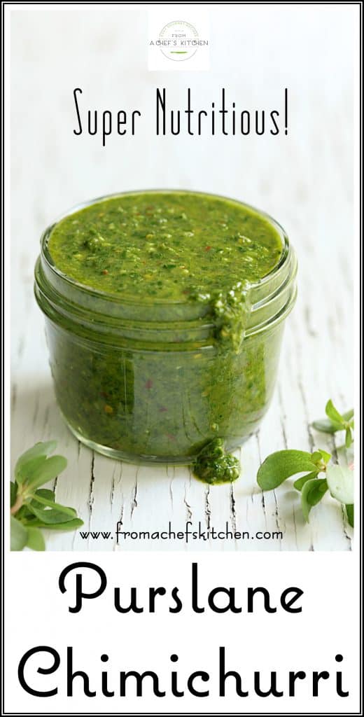 Pinterest graphic for Purslane Chimichurri showing it in a glass jar.