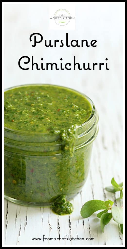 Pinterest graphic for Purslane Chimichurri showing it in a glass jar.