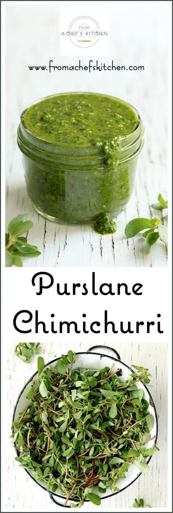Pinterest graphic for Purslane Chimichurri showing it in a glass jar with a colander filled with purslane.