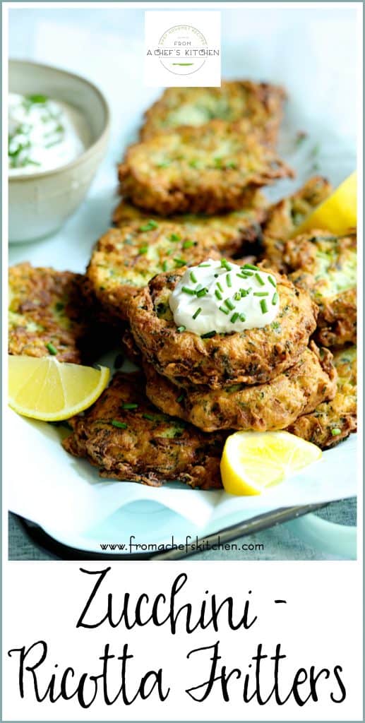 Pinterest graphic for Zucchini Ricotta Fritters showing them stacked on a platter.