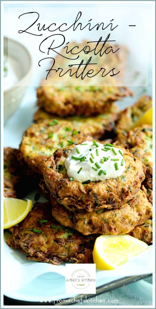 Pinterest graphic for Zucchini Ricotta Fritters showing them stacked on a platter.