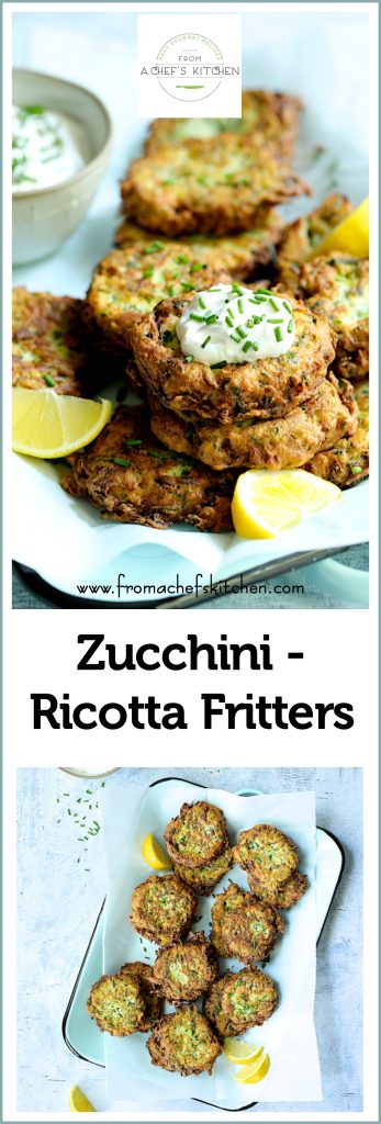 Pinterest graphic for Zucchini Ricotta Fritters showing them stacked on a platter.