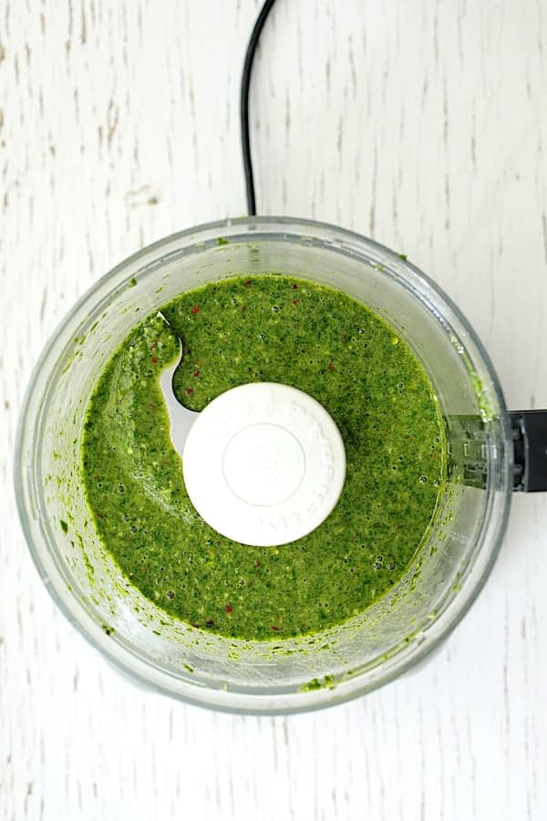 Photo of Purslane Chimichurri in food processor after processing.