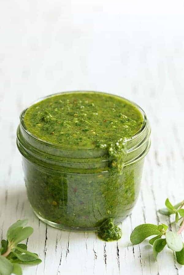 Purslane Chimichurri in glass jar.
