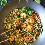 Shrimp Pad Thai with Zucchini Noodles in wok.